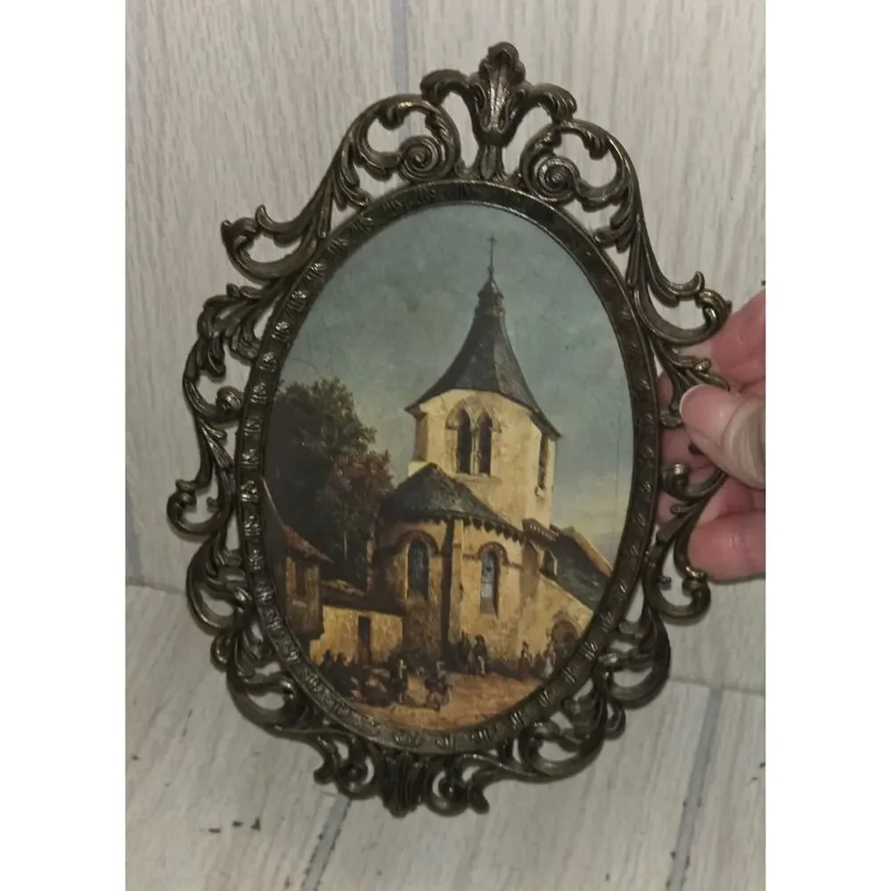 Vintage Italian Oval Ornate Filigree Frame With Gothic European Church Print